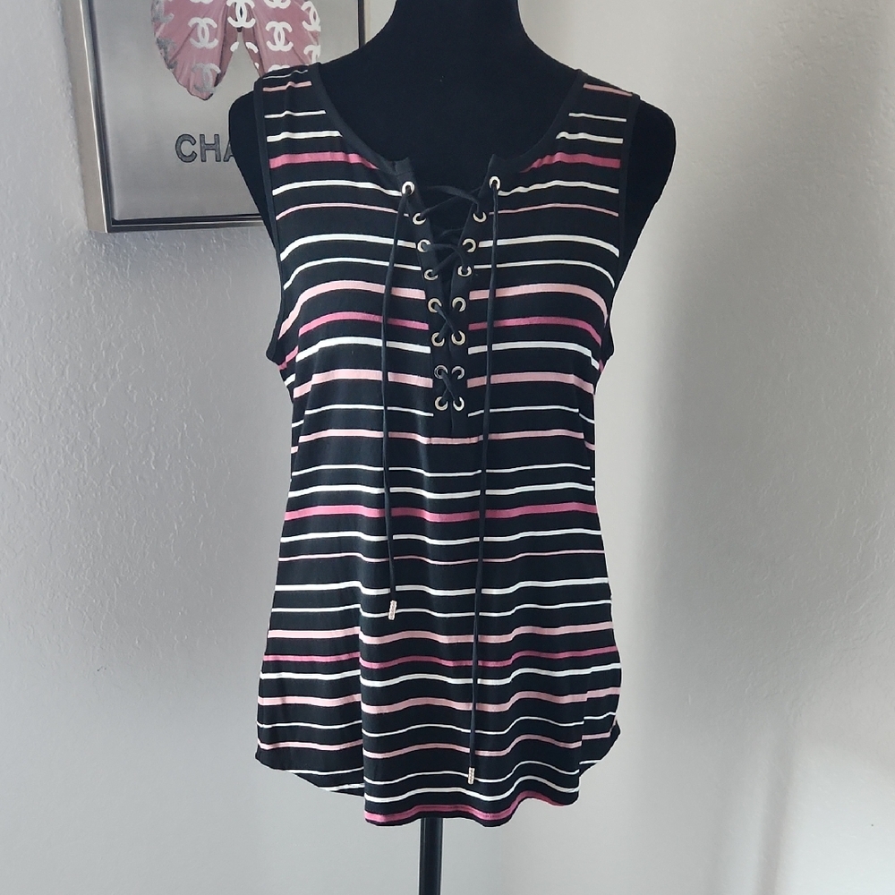 White House Black Market Striped Lace-Up Tank Top
